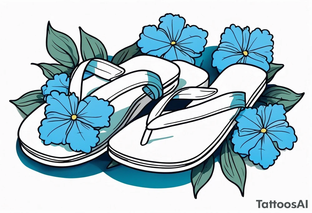 small tattoo of a light blue flip flop surrounded by blue hydrangea flowers tattoo idea
