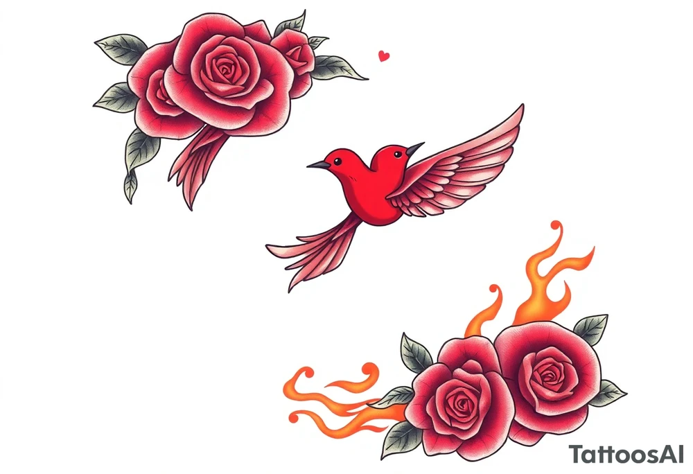 Motorcycle, red bird flying, roses and lace, flames tattoo idea