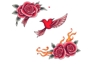 Motorcycle, red bird flying, roses and lace, flames tattoo idea
