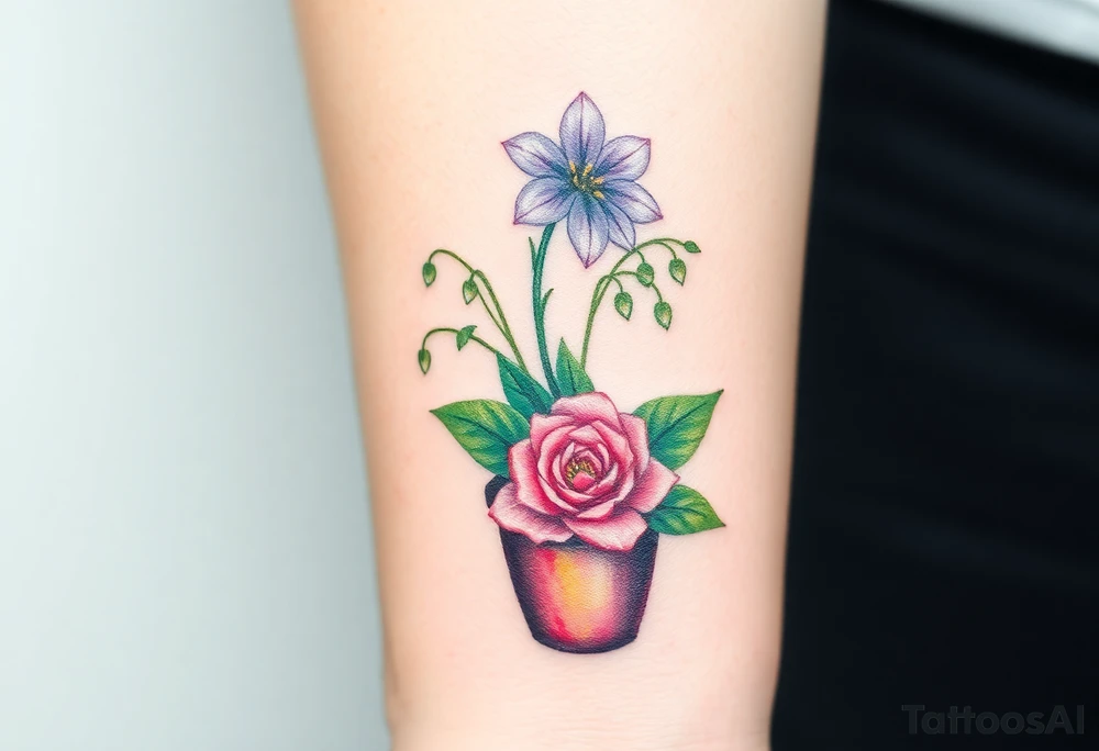 African violet, Daisy, Lily of the valley, Rose in a flower pot. Light color shading tattoo idea