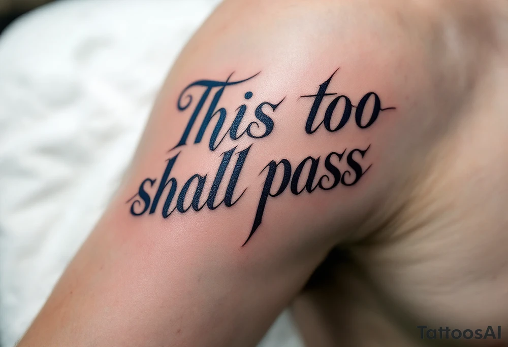 “This too shall pass” in classic serif font, fading from deep navy to pale sky blue. tattoo idea