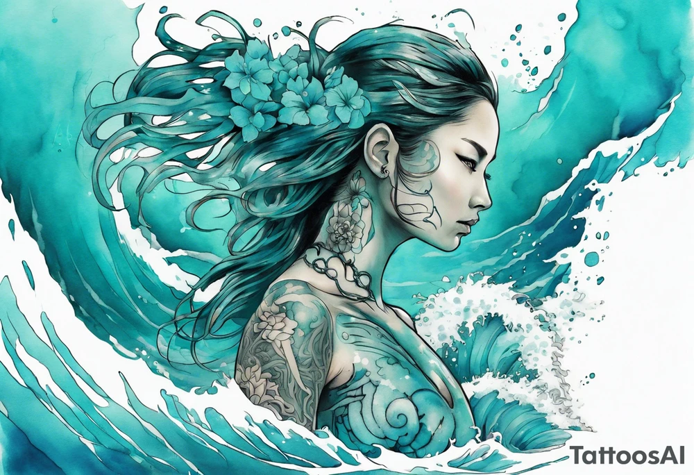 a turquoise Na'vi woman standing in the sea surrounded by crashing waves tattoo idea