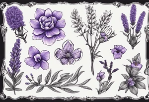 Faça um desenho da medalha de são bento (esta deve ser fiel e bem precisa) ao redor da medalha coloque flores de lavanda para armonizar a imagem. tattoo idea