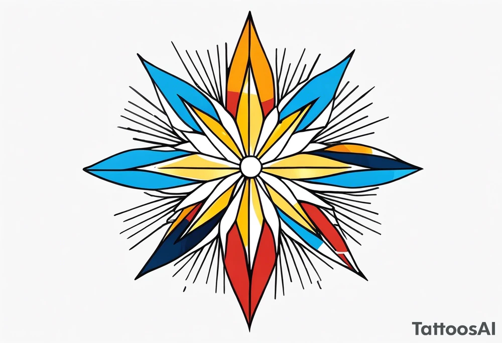 sunburst with yellow, orange, red, and blue colors tattoo idea