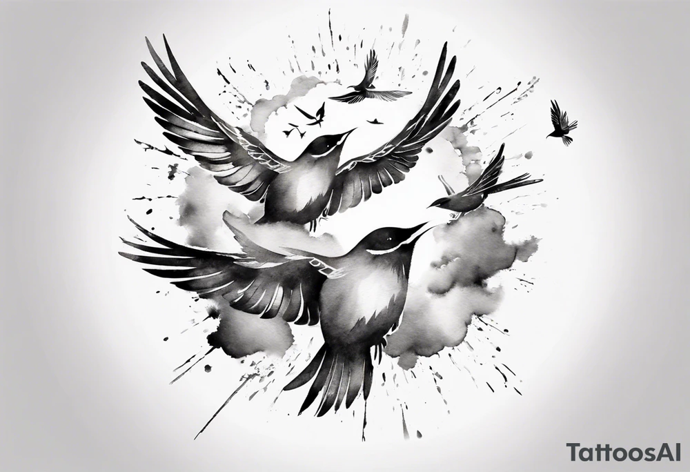 shoulder tattoo with light rays with birds flying free among the clouds, round shape, 3d effect tattoo idea