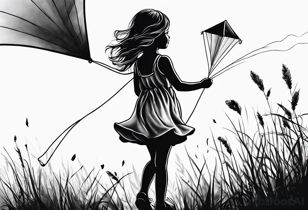 the back of a little girl in a dress, flying a kite tattoo idea