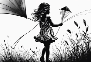 the back of a little girl in a dress, flying a kite tattoo idea