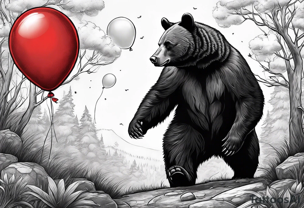 black bear protecting a headhog with a red baloon. The balloon has 5 little stars on it tattoo idea