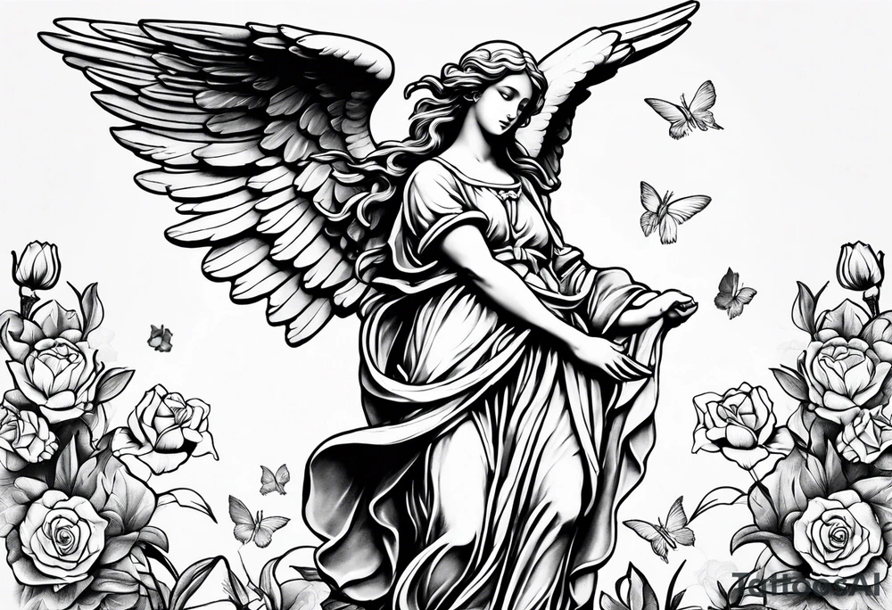 Angel statue stood on a rock with daffodils and roses wrapped around its legs tattoo idea