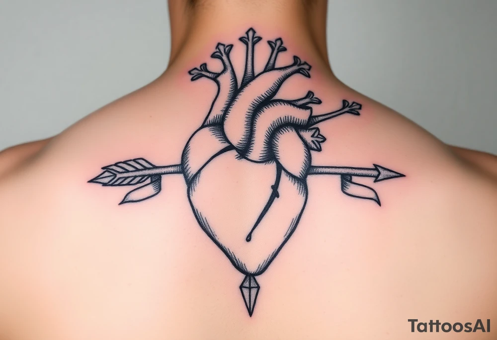 anatomical heart pierced by ornate arrow with flowing ribbons tattoo idea