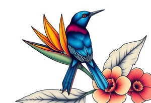 Bird of paradise flower with blue bird tattoo idea