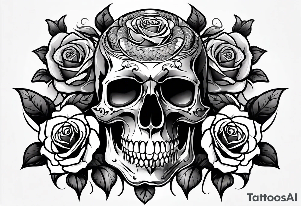 A skull with a snake wrapped around it and roses bordering all of it tattoo idea