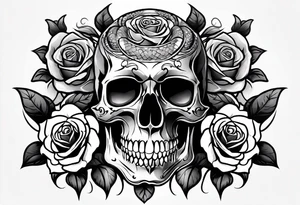 A skull with a snake wrapped around it and roses bordering all of it tattoo idea