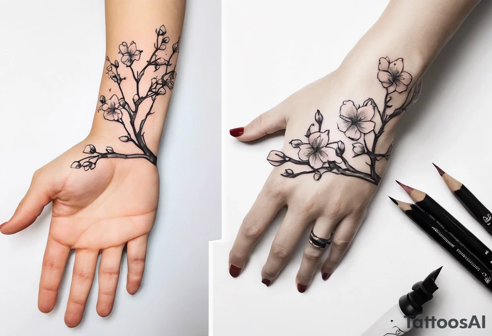 Sure thing! To guide the AI in drawing your tattoo design, you can provide step-by-step instructions like this:

1. Start by drawing a human hand pointing at a skeleton hand on the left shoulder.
2. From the wrist of the human hand, draw a cherry blossom branch sprouting out.
3. Let the branch travel down the arm, wrapping around the bicep once.
4. Narrow the branch to fit through a 7 cm gap on the forearm.
5. Finally, end the branch in a 10 cm gap on the wrist, adding more blossom flora to complete the design.

These detailed instructions should help the AI create a visual representation of your envisioned tattoo. tattoo idea
