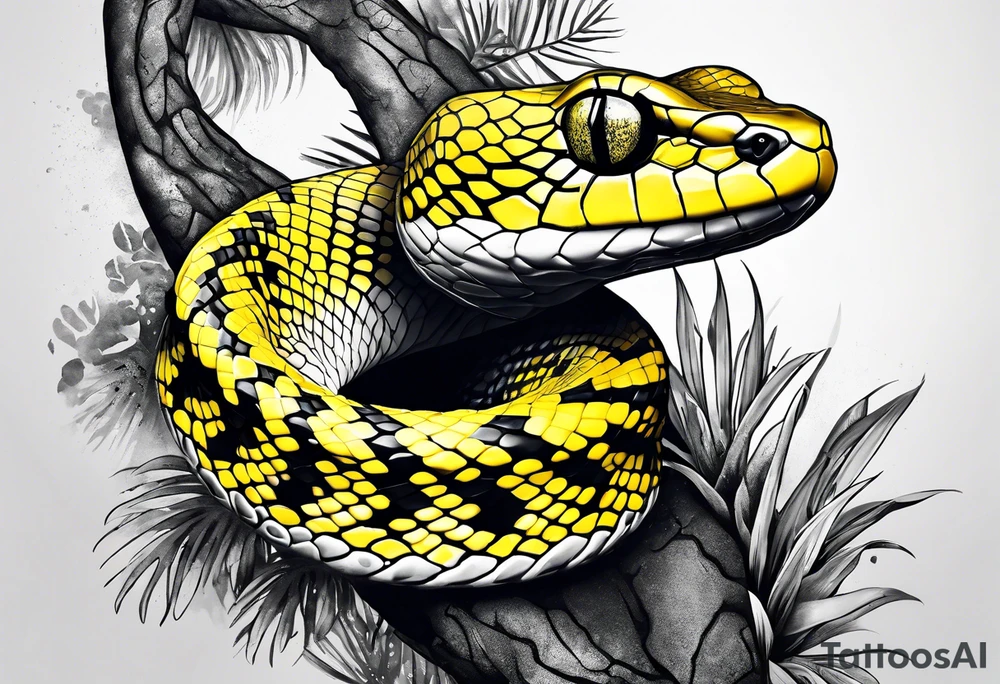 Black and grey realistic yellow blotched pit viper snake with rainforest background on forearm tattoo idea