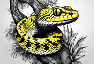 Black and grey realistic yellow blotched pit viper snake with rainforest background on forearm tattoo idea
