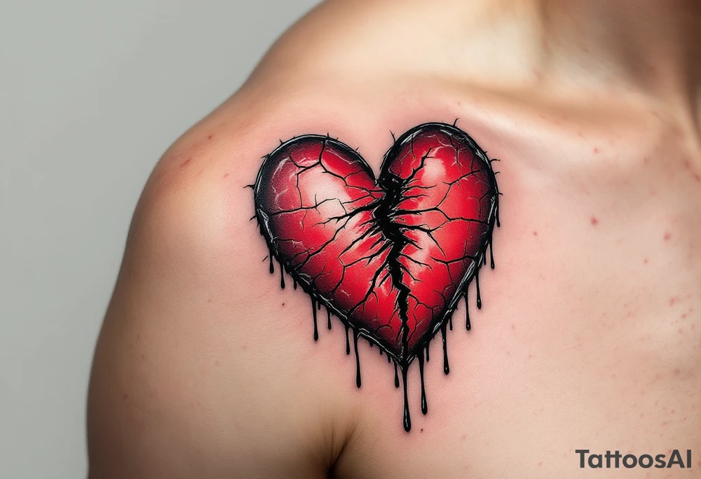 A hyper-realistic broken heart with deep crimson cracks, oozing black ink-like tears, symbolizing pain and healing. tattoo idea