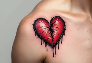 A hyper-realistic broken heart with deep crimson cracks, oozing black ink-like tears, symbolizing pain and healing. tattoo idea