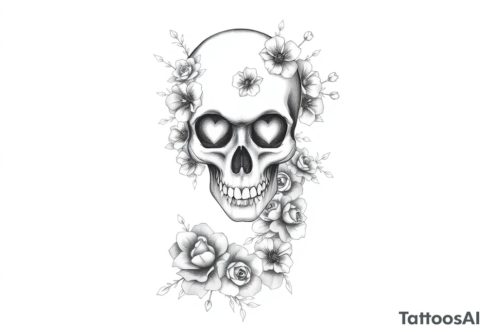 A half sleeve with Gothic pretty skull with heart shaped eyes surrounded by wildflowers and roses tattoo idea