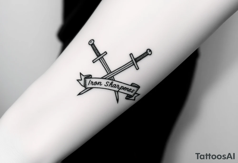 Two crossed swords in a forearm tattoo sketch style, with a flowing banner that reads “Iron Sharpens Iron.” Black ink, simple and bold. tattoo idea