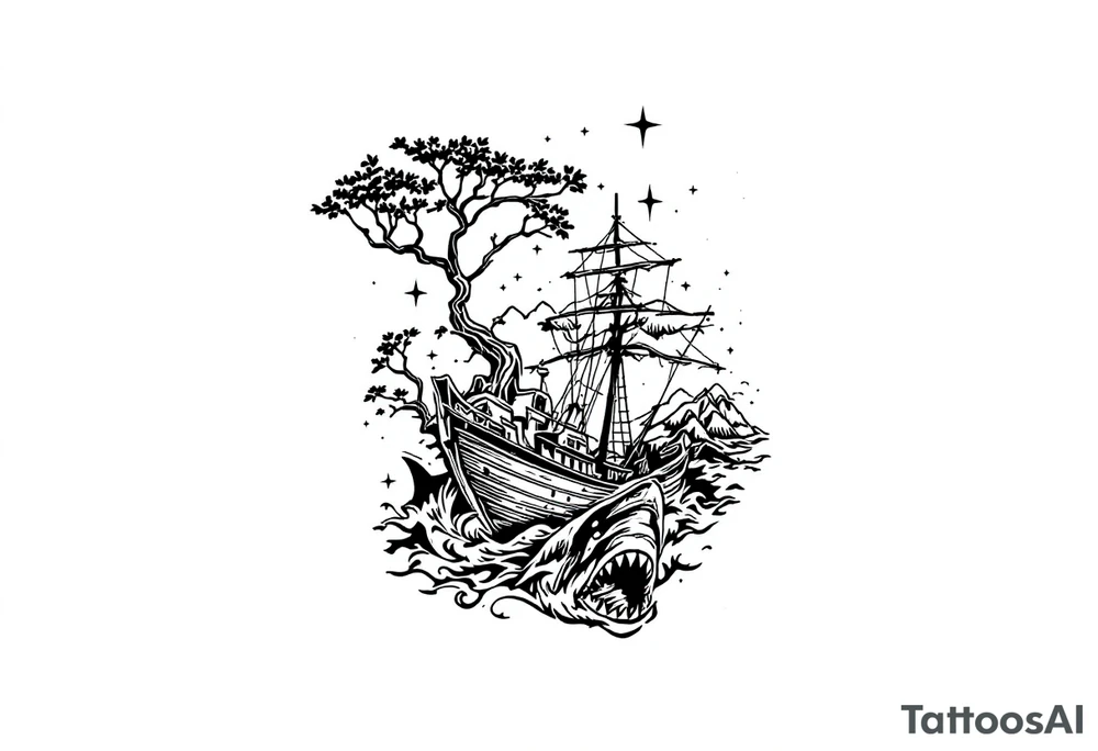 tattoo that has an acacia tree with mountains, ocean with a ship wreck with sharks and the northern star tattoo idea