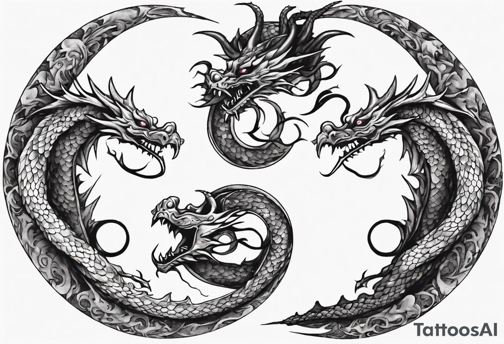 two dragons twirling to make a central yin yang tattoo idea