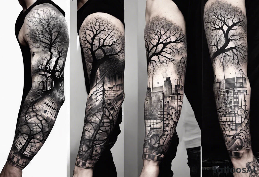 full arm sleeve tattoo combining images of DNA, science, guitar, piano, music. tree of life, focus, masculine tattoo idea