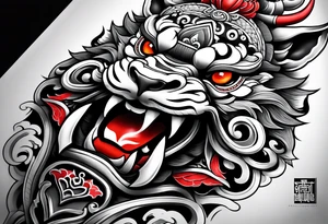 Sleeve tattoo 
Black and white, grey with red and scarlet accent. Japanese Shisa Okinawa beside Thai yak/giant and Thai naga. tattoo idea