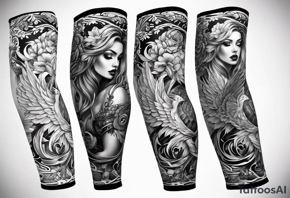 Lower leg sleeve. Large bluerin tattoo idea