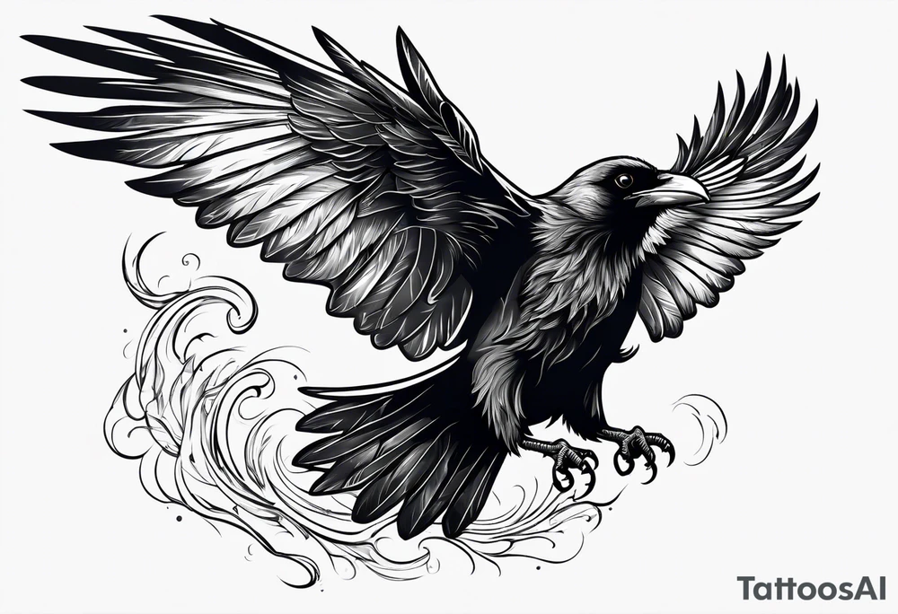 outline drawing of a flying raven with wings on fire tattoo idea