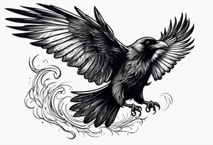 outline drawing of a flying raven with wings on fire tattoo idea