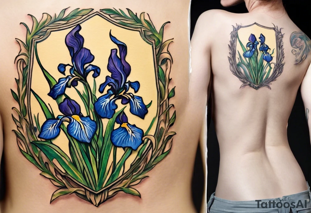Create a colorful Vincent van Gogh Irises tattoo with a shield and spear. The tattoo should take the form of a crescent, with vines gracefully intertwining at a central point in the middle of the wreath.  The intended placement is on the upper chest. The overall design should be small in size while maintaining a delicate and artistic aesthetic. Pay attention to the graceful flow of the vines and the placement of the irises to achieve a refined and elegant look. tattoo idea