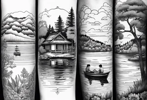 forearm tattoo set on a lake. At the bottom of the tattoo there is a boat dock with a little boy fishing and a little girl reading. There are trees surrounding the lake. It is set in fall tattoo idea