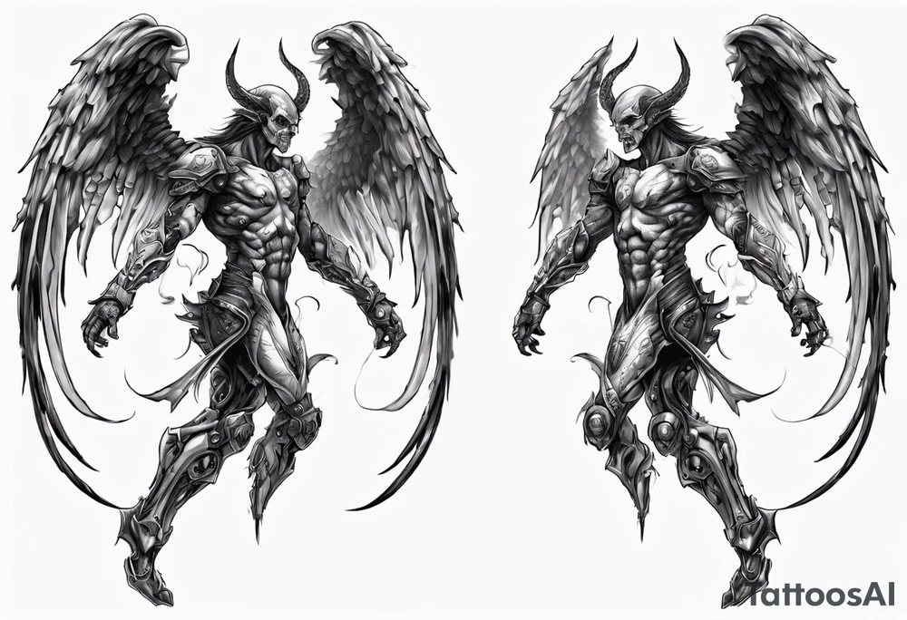 Side view of a demon angel wearing inorganic armor that is in mid-air in attack position. tattoo idea