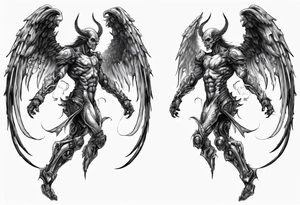 Side view of a demon angel wearing inorganic armor that is in mid-air in attack position. tattoo idea