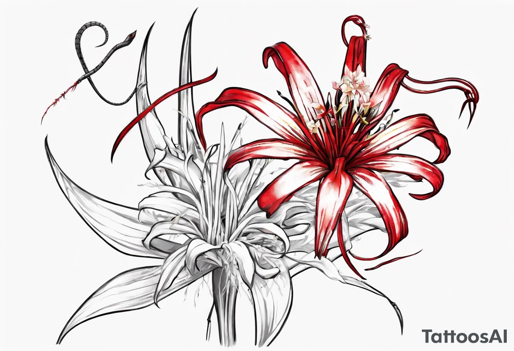 Red spiked spider lily with snake wrapped around stem of the flower. tattoo idea