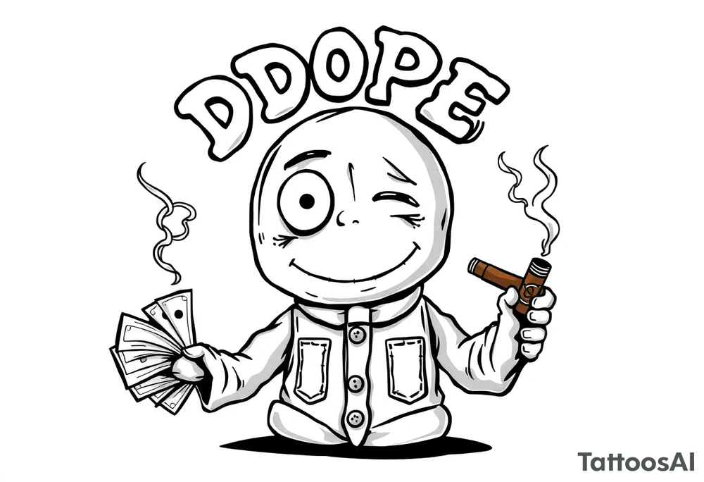 Stitched up rag doll with a button as one eye and some thread as the other. Holding some money in one hand and a cigar in the other hand. Smoke pouring off the cigar with the cloud of smoke above spelling out the word DOPE tattoo idea
