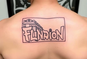 Flinders street station in mlebourne in graffiti style in a rectangle outlined box in portrait orientation tattoo idea