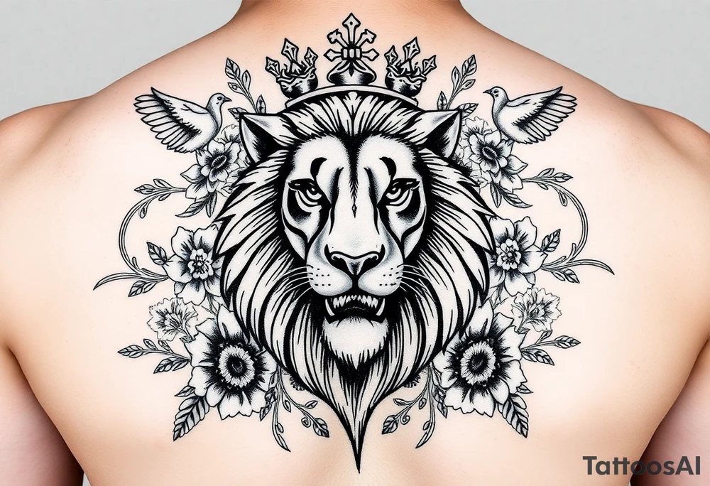 powerful majestic lion with a crown, surrounded by floral ornaments and birds tattoo idea