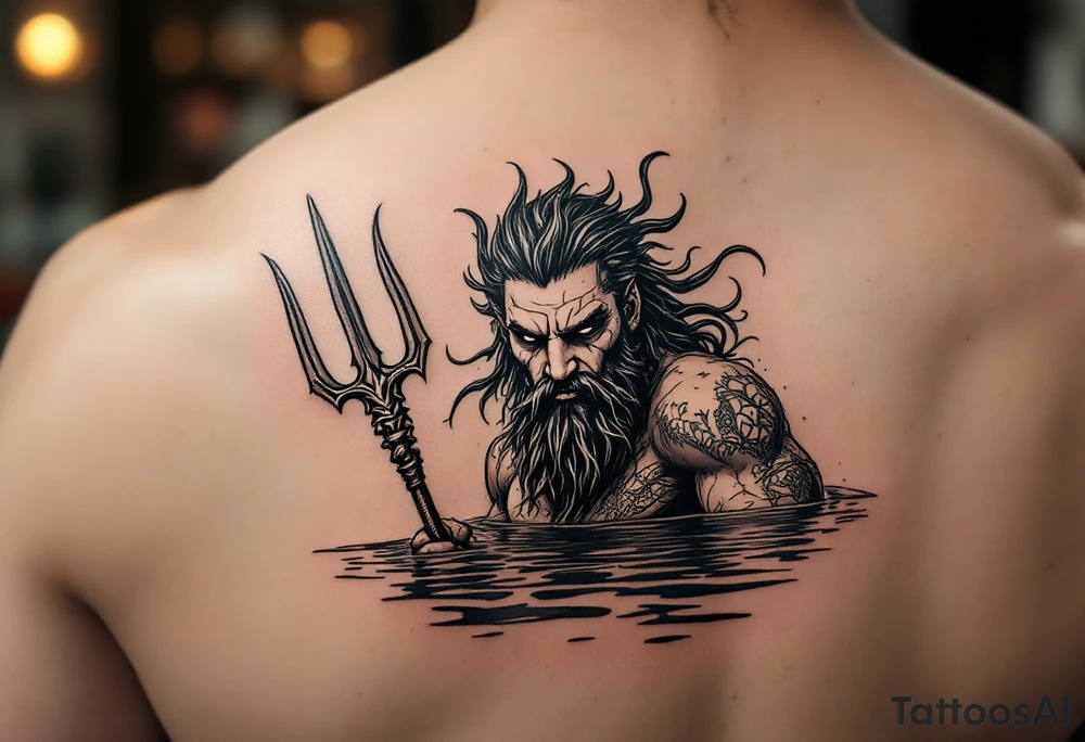 poseidon, with a trident, in calm water, holding a beer tattoo idea