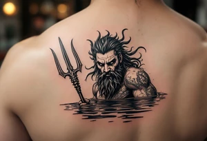 poseidon, with a trident, in calm water, holding a beer tattoo idea