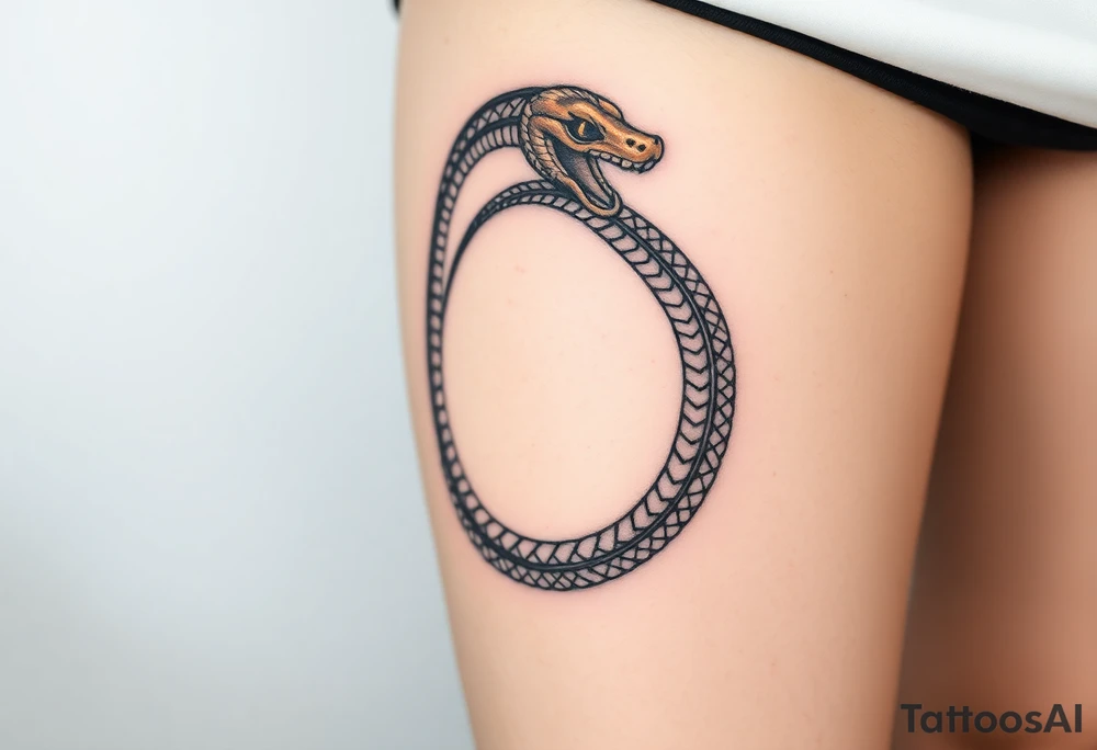 A highly detailed black and gold Ouroboros snake in cyrcle, with intricate scales and glowing eyes tattoo idea