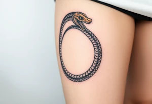 A highly detailed black and gold Ouroboros snake in cyrcle, with intricate scales and glowing eyes tattoo idea