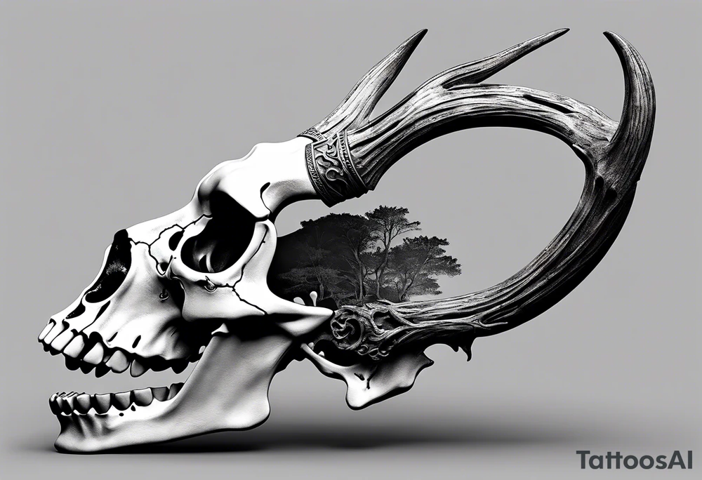 A side view of a decayed deer skull with no skin JUST BONE FOREST FIRE tattoo idea