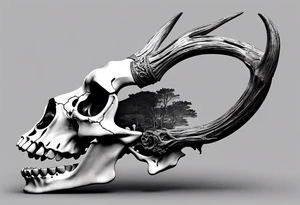 A side view of a decayed deer skull with no skin JUST BONE FOREST FIRE tattoo idea