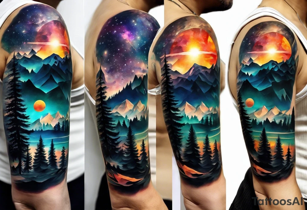 Full sleeve tattoo. The design should include space, stars, forest, sunset, mountains, cliffs, waterfall, water, ocean, wild animals (bear, wolves, elephant), and inserts of triangles and geometric figures. I have two children – a son, Sergei (the eldest), and a daughter, Anna, who live with me and my wife. But I also have another daughter, Marianna, whom I haven't seen for a long time and eagerly await to meet. The tattoo should symbolize love and protection for my children and family, the desire to secure their future, and confidence in tomorrow. It should reflect the notion of not looking back, but always moving forward and achieving goals! tattoo idea