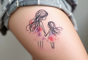 A black fine-line tattoo of a mother and daughter holding hands, with flowing hair blending into soft watercolor shades of pink and lavender. tattoo idea