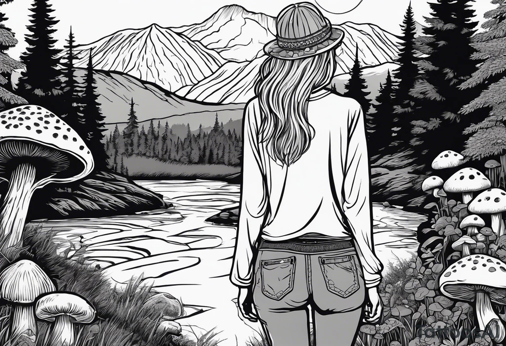 Whole picture encircled fully

Straight long blonde hair hippie girl in distance holding mushrooms in hand facing away toward mountains and creek surrounded by mushrooms long sleeve shirt and hiking pants; whole rendering within a full circle, no cut off circle tattoo idea
