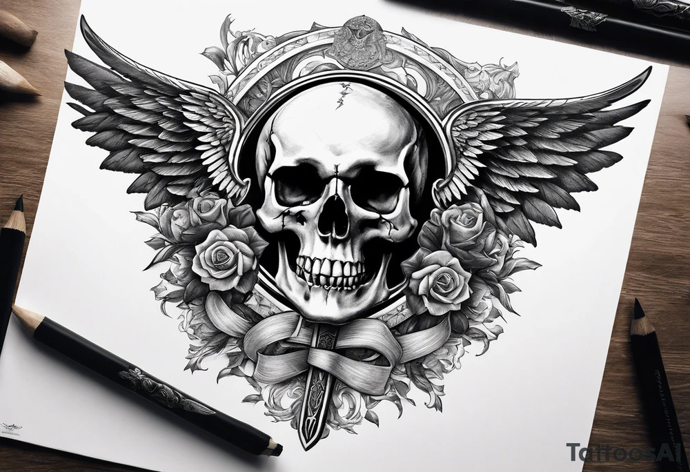 In the center is a half skull pierced by a large sword. On either side of the skull, there are spread angel wings, Beneath the skull is a ribbon tattoo idea