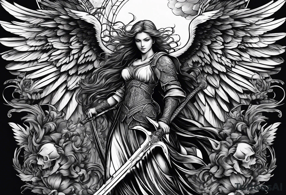 Angel with long sword on a pile of dead demons in etchwork style sleeve tattoo idea